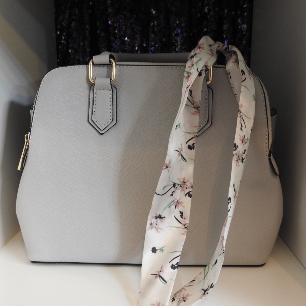 Soft Blue Purse With Floral Scarf Detail